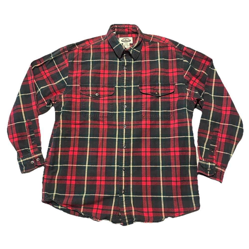 Eddie Bauer Legends Shirt Men's L  Plaid Flannel Button Up Red Heavy Pockets VTG